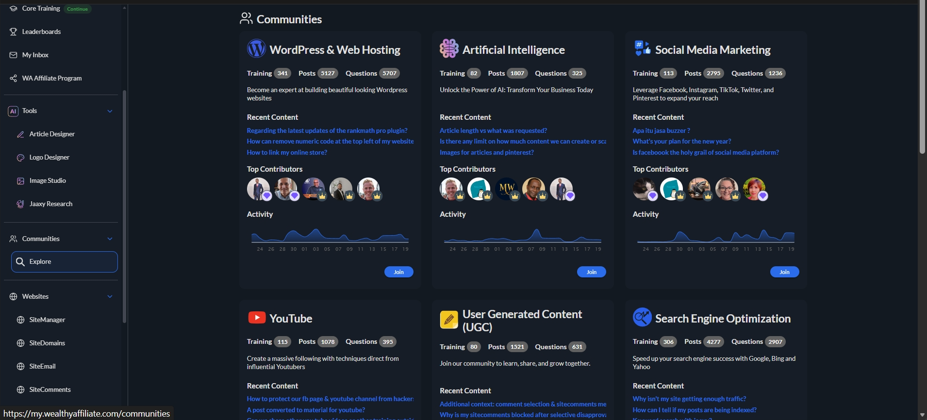 Wealthy Affiliate community dashboard with live discussions and training categories for online business beginners
