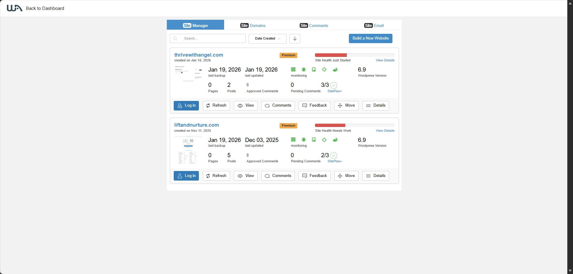 Wealthy Affiliate website manager dashboard showing built-in website hosting and management tools for beginners