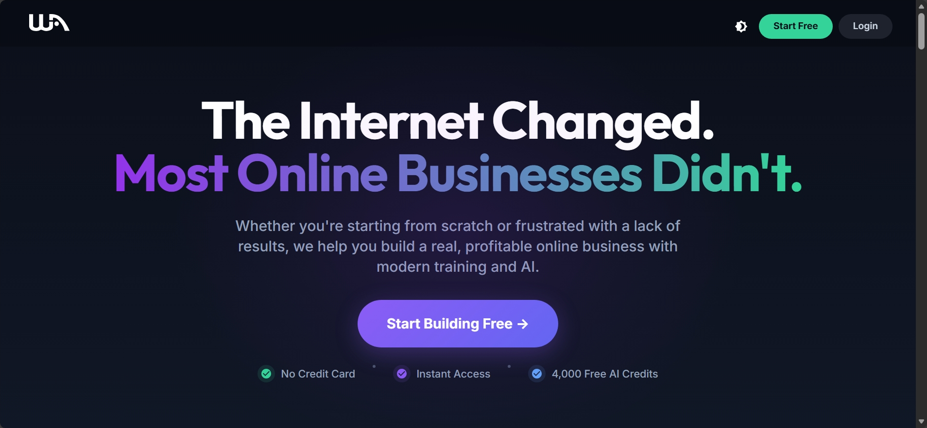 Wealthy Affiliate platform homepage showing online business training and tools