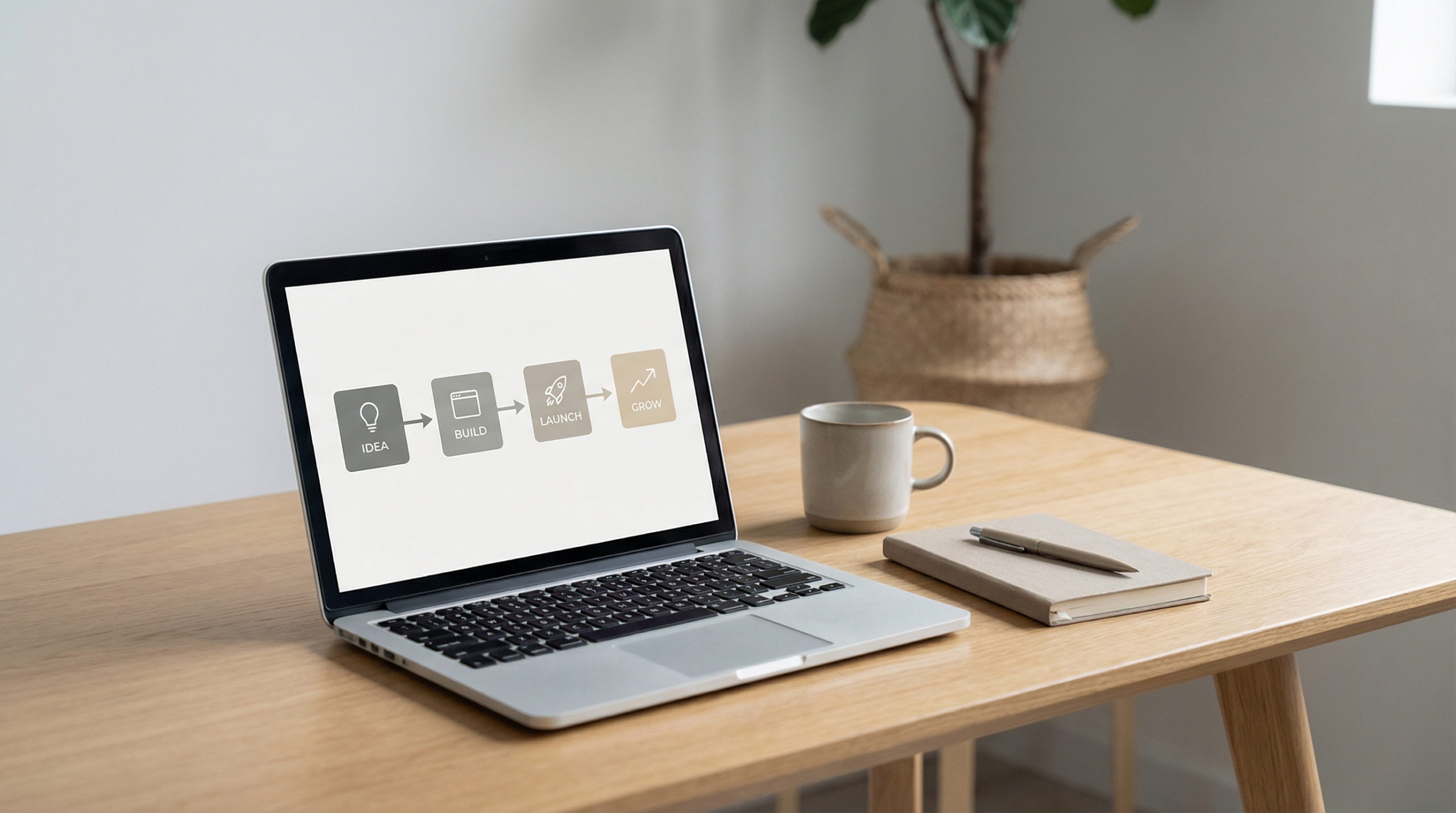 Laptop displaying a structured online business system with step-by-step process for beginners