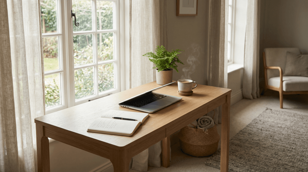 Calm home workspace representing Angel’s beginner journey building an online business