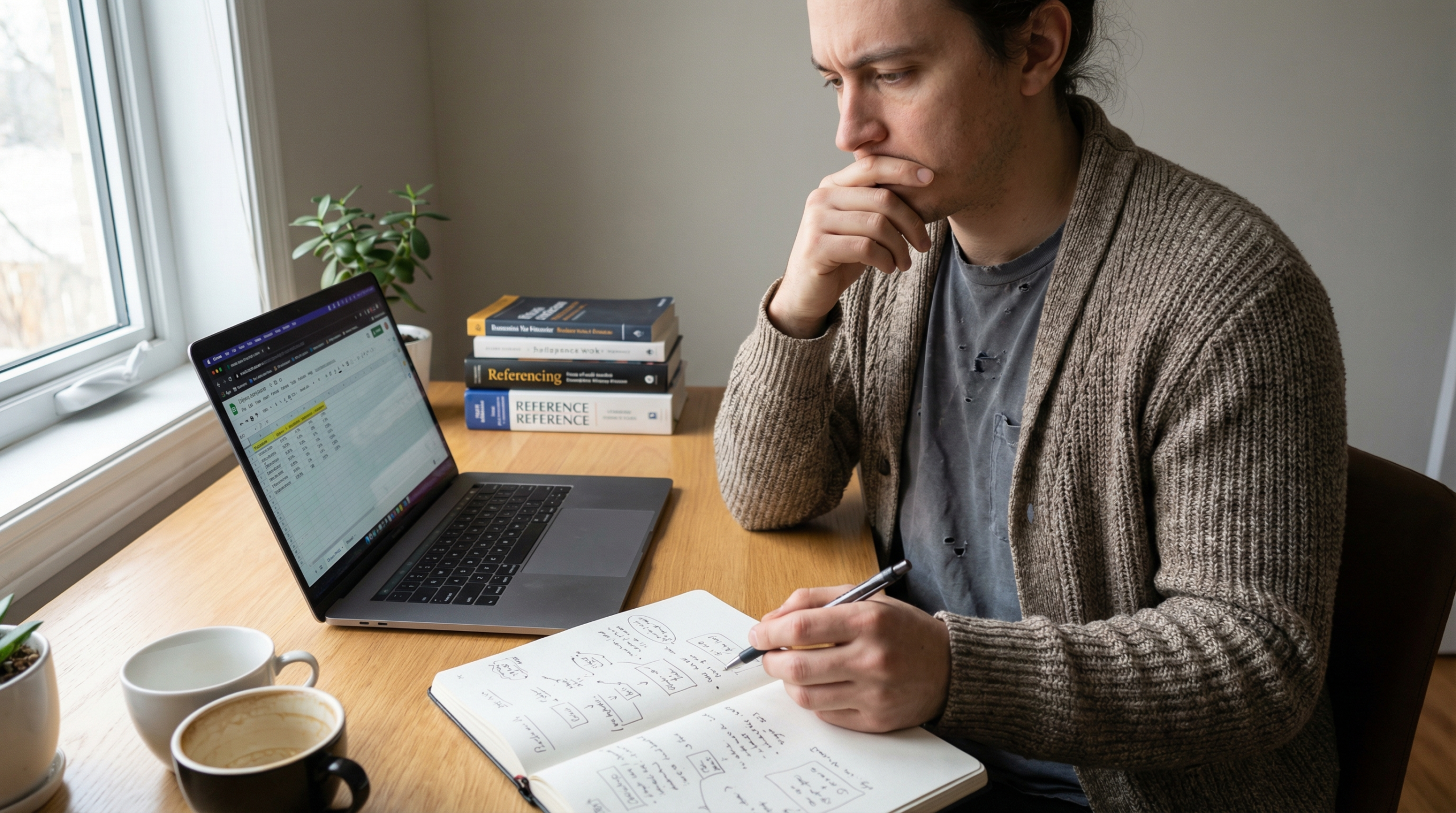 Person thoughtfully planning an online business at a laptop with notes and coffee, representing realistic expectations for beginners
