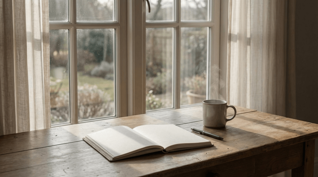 Notebook and coffee on a wooden desk by a window, representing planning niche direction for beginners