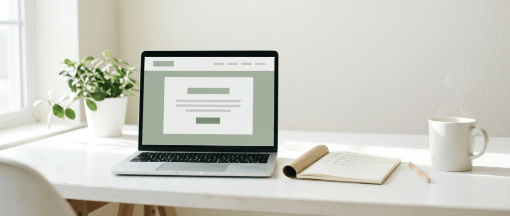 tools needed to start an online business: a minimal white desk with an open laptop showing a simple website layout, a notebook with a handwritten list, a coffee mug and a small green plant in soft window light