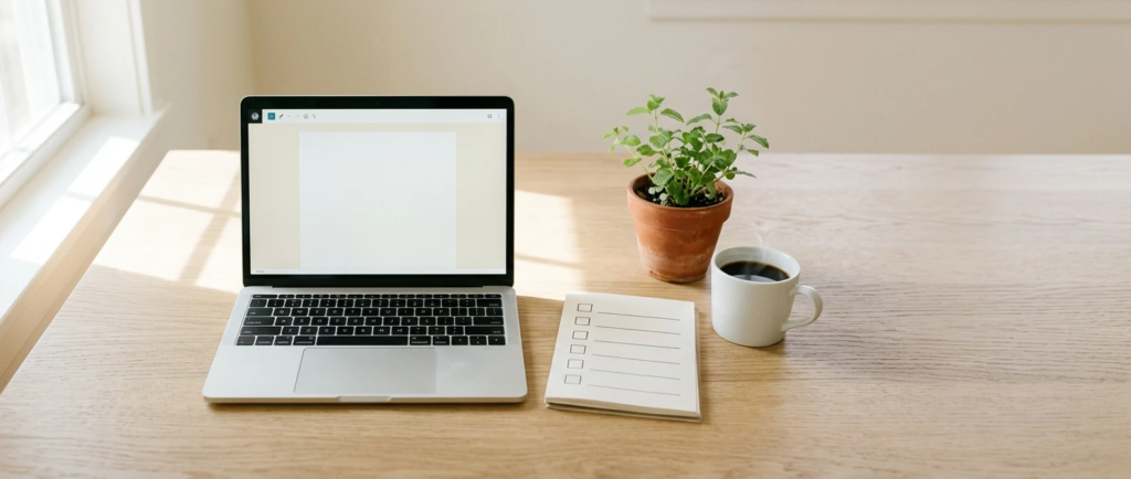 Content marketing strategy for a new website: a laptop with a blank blog editor, a weekly planner, coffee and a plant on a desk